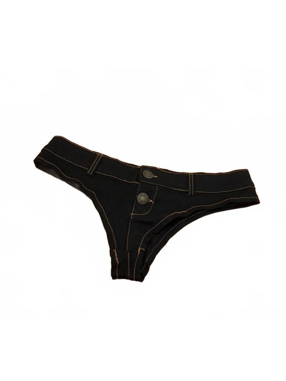 Blue Black Denim-Inspired Thong Panties with Contrast Stitching, Size Large